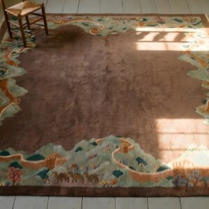 Antique Wool Brown Earth Tone Hand Knotted Pile Rug (SKU 23850) - styled overhead view