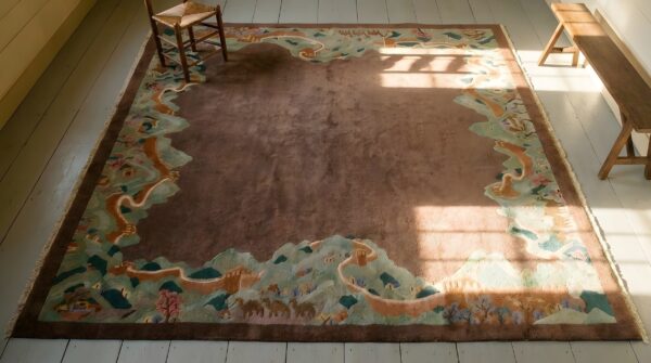 Antique wool brown earth tone hand knotted pile rug (sku 23850) - styled overhead view
