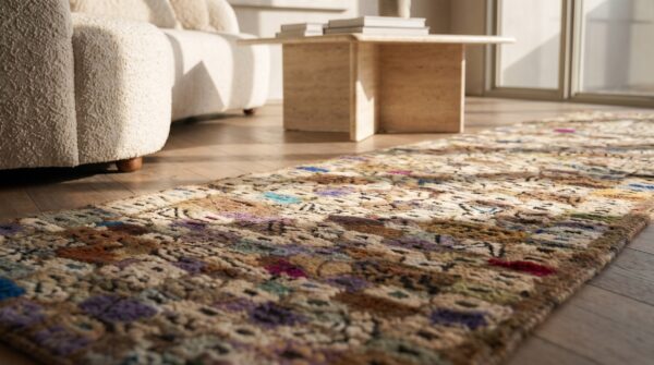 Brown earth tone antique american folk art hooked hallway runner (sku 19286) - in-room detail