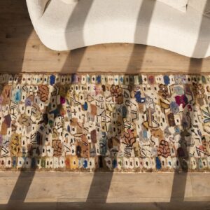 Brown Earth Tone Antique American Folk Art Hooked Hallway Runner (SKU 19286) - styled overhead view