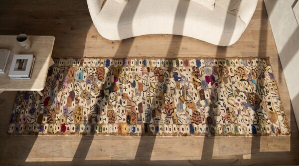 Brown earth tone antique american folk art hooked hallway runner (sku 19286) - styled overhead view