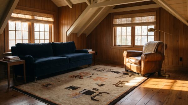 Brown earth tone antique hand knotted pile chinese baotou rug 8 Brown earth tone antique hand knotted pile chinese baotou rug (sku 25278) - room view