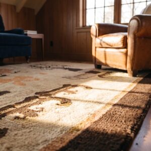 Brown Earth Tone Antique Hand Knotted Pile Chinese Baotou Rug (SKU 25278) - in-room detail