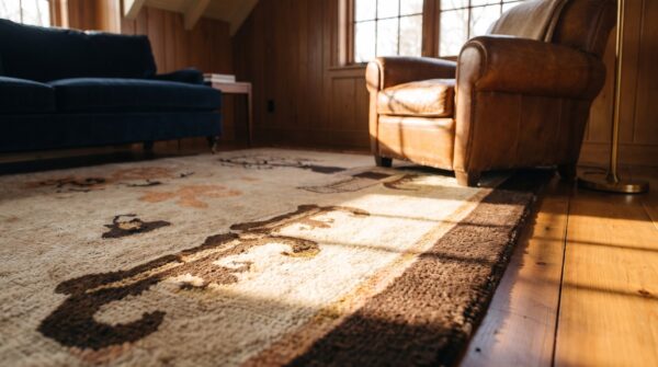 Brown earth tone antique hand knotted pile chinese baotou rug 9 Brown earth tone antique hand knotted pile chinese baotou rug (sku 25278) - in-room detail