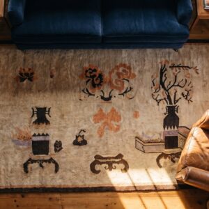 Brown Earth Tone Antique Hand Knotted Pile Chinese Baotou Rug (SKU 25278) - styled overhead view