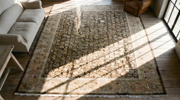 Brown earth tone color large size allover herati pattern antique persian sultanabad rug 2 Brown earth tone color large size allover herati pattern antique persian sultanabad rug (sku 23089) - styled overhead view
