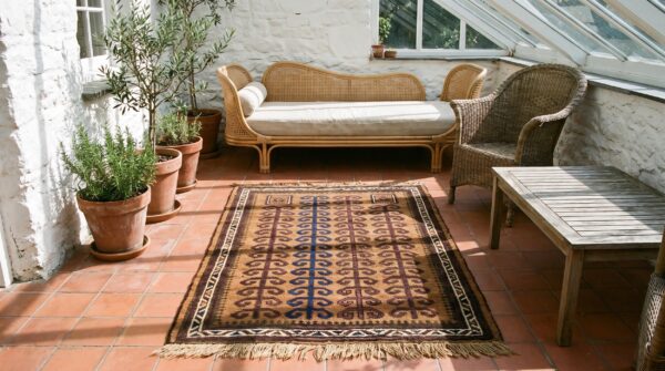 Brown earth tone color antique tribal muslim prayer design afghan baluch rug 7 Brown earth tone color antique tribal muslim prayer design afghan baluch rug (sku 21174) - room view