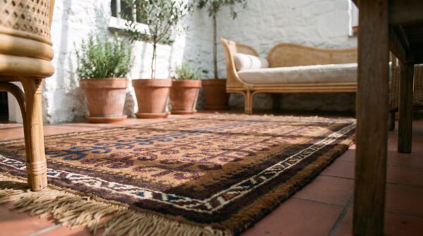 Brown earth tone color antique tribal muslim prayer design afghan baluch rug 8 Brown earth tone color antique tribal muslim prayer design afghan baluch rug (sku 21174) - in-room detail