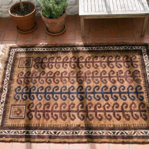 Brown Earth Tone Color Antique Tribal Muslim Prayer Design Afghan Baluch Rug (SKU 21174) - styled overhead view