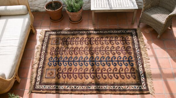 Brown earth tone color antique tribal muslim prayer design afghan baluch rug 2 Brown earth tone color antique tribal muslim prayer design afghan baluch rug (sku 21174) - styled overhead view