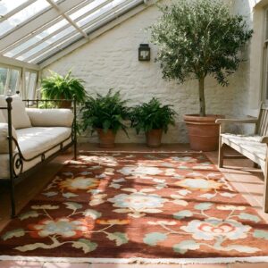 Brown Earth Tone , Coral Antique Chinese - Tibetan Small Scatter Size Wool Rug in Brown Earth Tone and Coral (SKU 25642) - room view