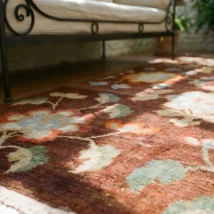 Brown Earth Tone , Coral Antique Chinese - Tibetan Small Scatter Size Wool Rug in Brown Earth Tone and Coral (SKU 25642) - in-room detail