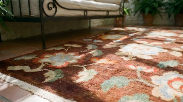 Brown earth tone , coral antique chinese - tibetan small scatter size wool rug in brown earth tone and coral 10 Brown earth tone , coral antique chinese - tibetan small scatter size wool rug in brown earth tone and coral (sku 25642) - in-room detail