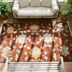 Brown Earth Tone , Coral Antique Chinese - Tibetan Small Scatter Size Wool Rug in Brown Earth Tone and Coral (SKU 25642) - styled overhead view