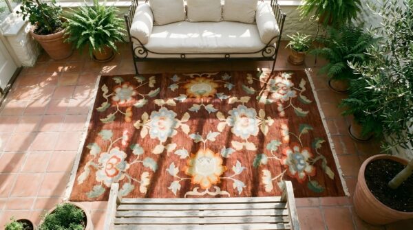 Brown earth tone , coral antique chinese - tibetan small scatter size wool rug in brown earth tone and coral 2 Brown earth tone , coral antique chinese - tibetan small scatter size wool rug in brown earth tone and coral (sku 25642) - styled overhead view