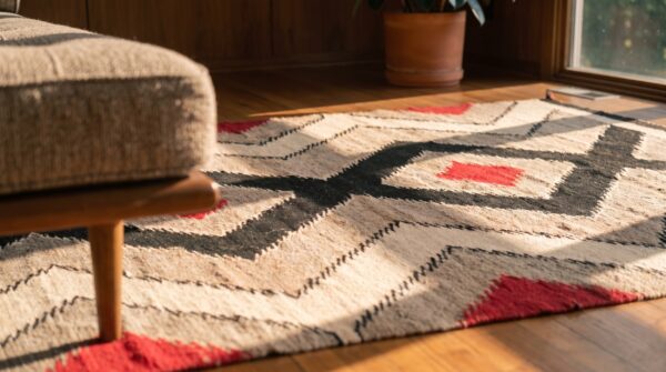 Antique wool brown earth tone flat weave rug 7 Antique wool brown earth tone flat weave rug (sku 21703) - in-room detail