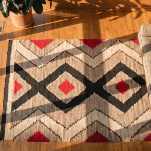 Antique Wool Brown Earth Tone Flat Weave Rug (SKU 21703) - styled overhead view