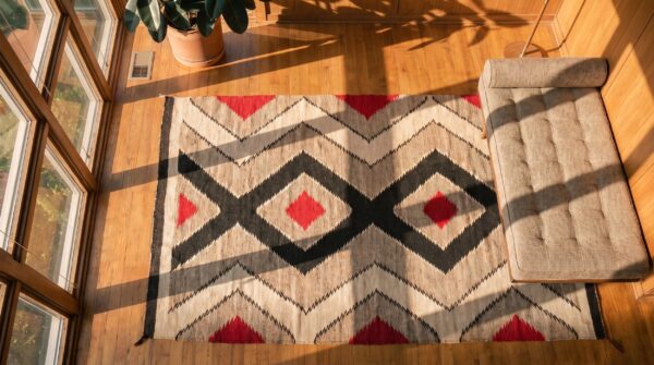 Antique wool brown earth tone flat weave rug 2 Antique wool brown earth tone flat weave rug (sku 21703) - styled overhead view