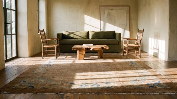 Brown earth tone wool large rectangle allover floral hand knotted pile antique 1900s rug (sku 21005) - room view