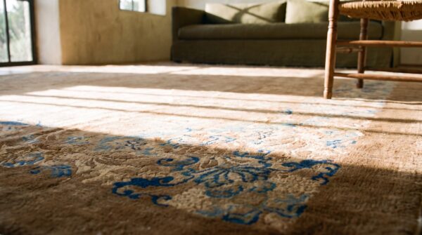 Brown earth tone wool large rectangle allover floral hand knotted pile antique 1900s rug (sku 21005) - in-room detail