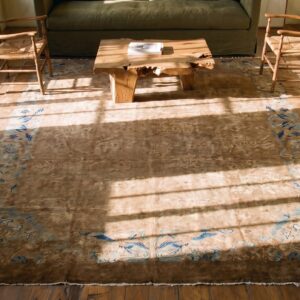 Brown Earth Tone Wool Large Rectangle Allover Floral Hand Knotted Pile Antique 1900s Rug (SKU 21005) - styled overhead view