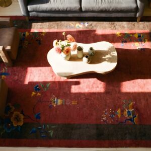 Antique Wool Brown Earth Tone Red Hand Knotted Pile Rug (SKU 24646) - styled overhead view