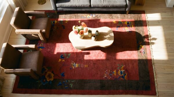 Antique wool brown earth tone red hand knotted pile rug 2 Antique wool brown earth tone red hand knotted pile rug (sku 24646) - styled overhead view