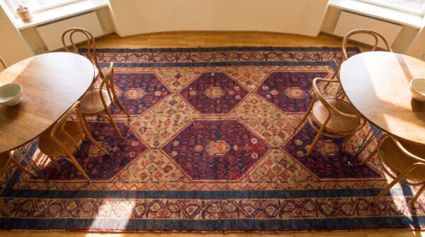Brown earth tone , red antique serab allover geometric hand knotted hallway runner rug 2 Brown earth tone , red antique serab allover geometric hand knotted hallway runner rug (sku 23287) - styled overhead view