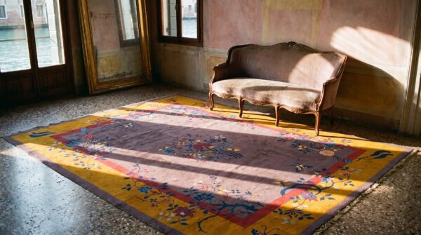 Antique wool brown earth tone yellow / gold orange hand knotted pile rug 5 Antique wool brown earth tone yellow / gold orange hand knotted pile rug (sku 23592) - room view