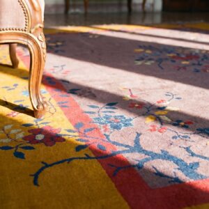 Antique Wool Brown Earth Tone Yellow / Gold Orange Hand Knotted Pile Rug (SKU 23592) - in-room detail