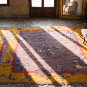 Antique Wool Brown Earth Tone Yellow / Gold Orange Hand Knotted Pile Rug (SKU 23592) - styled overhead view