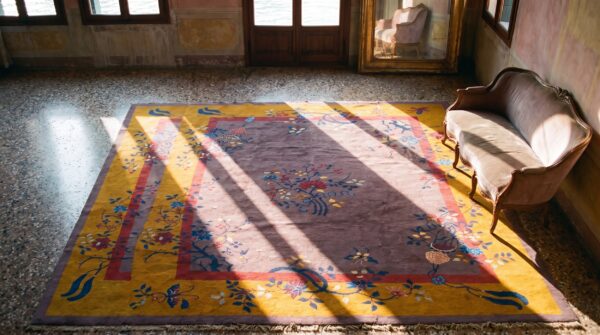 Antique wool brown earth tone yellow / gold orange hand knotted pile rug 2 Antique wool brown earth tone yellow / gold orange hand knotted pile rug (sku 23592) - styled overhead view