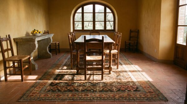 Brown earthy antique caucasian karabagh tribal geometric animal rug dated 1893 2 Brown earthy antique caucasian karabagh tribal geometric animal rug dated 1893 (sku 19252) - styled overhead view