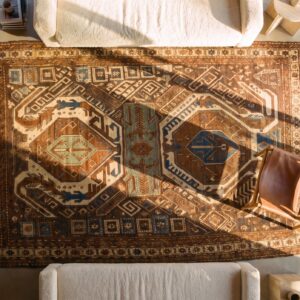 Brown Earthy Antique Caucasian Small Scatter Size Wool Shirvan Rug (SKU 25748) - styled overhead view