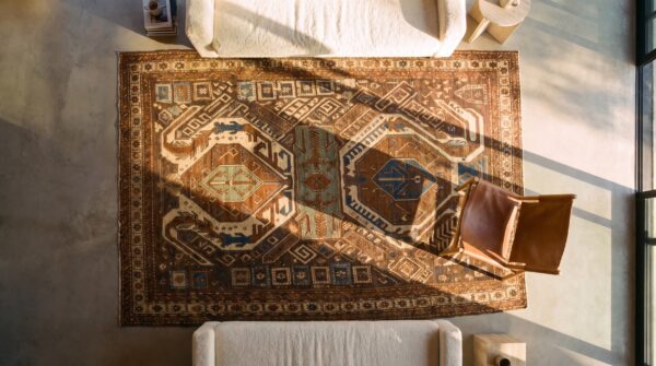Brown earthy antique caucasian small scatter size wool shirvan rug 2 Brown earthy antique caucasian small scatter size wool shirvan rug (sku 25748) - styled overhead view