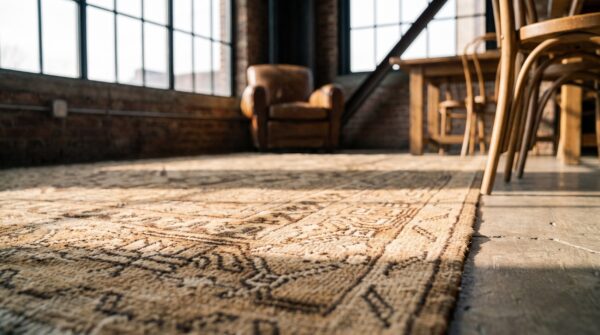Antique brown earthy color khotan east turkestan hand knotted rug (sku 17405) - in-room detail