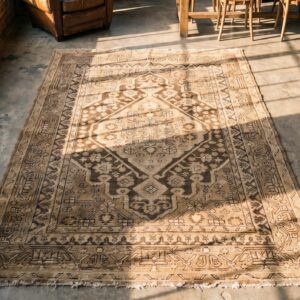 Antique Brown Earthy Color Khotan East Turkestan Hand Knotted Rug (SKU 17405) - styled overhead view