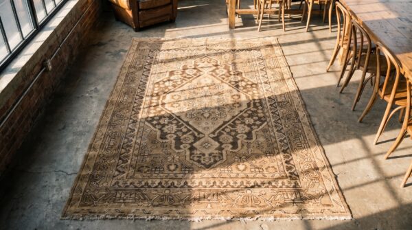 Antique brown earthy color khotan east turkestan hand knotted rug (sku 17405) - styled overhead view