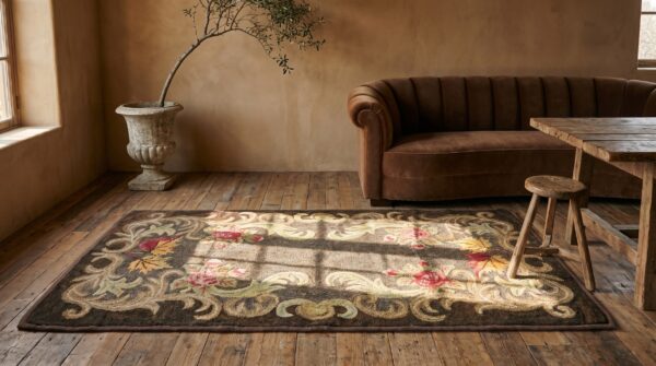 Brown gray color antique floral inlay design american hooked rug 7 Brown gray color antique floral inlay design american hooked rug (sku 20782) - room view