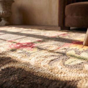 Brown Gray Color Antique Floral Inlay Design American Hooked Rug (SKU 20782) - in-room detail