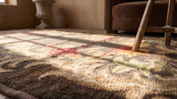 Brown gray color antique floral inlay design american hooked rug 8 Brown gray color antique floral inlay design american hooked rug (sku 20782) - in-room detail