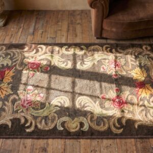Brown Gray Color Antique Floral Inlay Design American Hooked Rug (SKU 20782) - styled overhead view