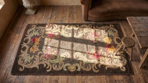 Brown gray color antique floral inlay design american hooked rug 2 Brown gray color antique floral inlay design american hooked rug (sku 20782) - styled overhead view