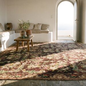 Brown Ground European Floral Pattern Antique Room Size English Needlepoint Rug (SKU 18511) - room view