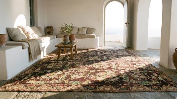 Brown ground european floral pattern antique room size english needlepoint rug (sku 18511) - room view