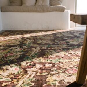 Brown Ground European Floral Pattern Antique Room Size English Needlepoint Rug (SKU 18511) - in-room detail