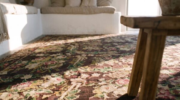 Brown ground european floral pattern antique room size english needlepoint rug (sku 18511) - in-room detail
