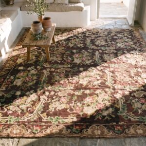 Brown Ground European Floral Pattern Antique Room Size English Needlepoint Rug (SKU 18511) - styled overhead view