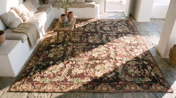 Brown ground european floral pattern antique room size english needlepoint rug (sku 18511) - styled overhead view