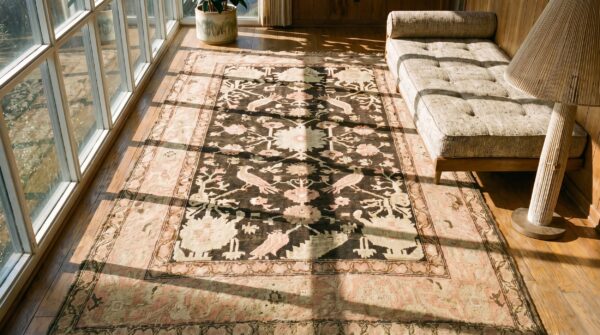 Brown late 19th century tribal antique caucasian karabagh long and narrow gallery carpet 2 Brown late 19th century tribal antique caucasian karabagh long and narrow gallery carpet (sku 19615) - styled overhead view